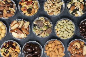 Assortments of nuts in a glass bowl
