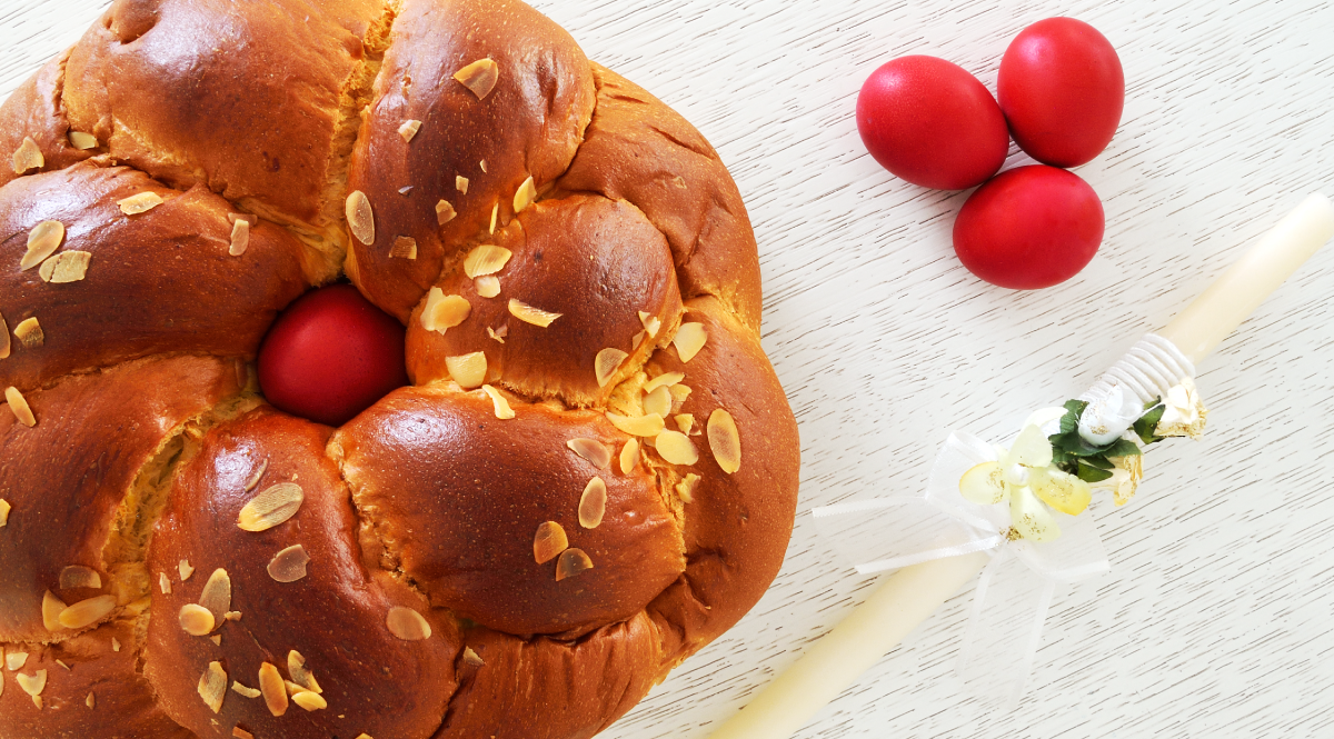 Tsoureki Greek Easter Bread with Red Eggs