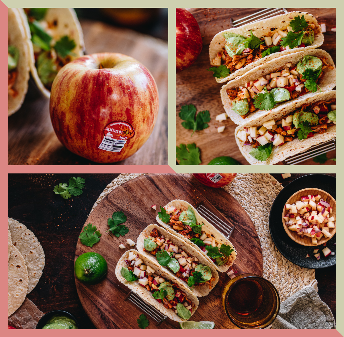 Collage of Autumn Glory Cajun Apple Tacos Close Ups.