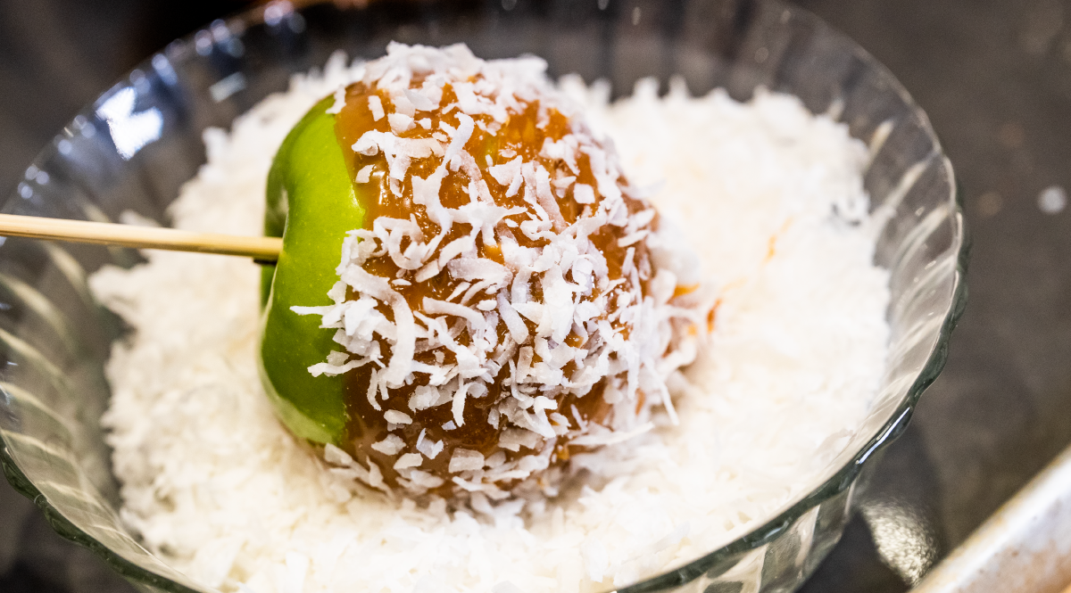 Caramel Apple dipped in Coconut Flakes