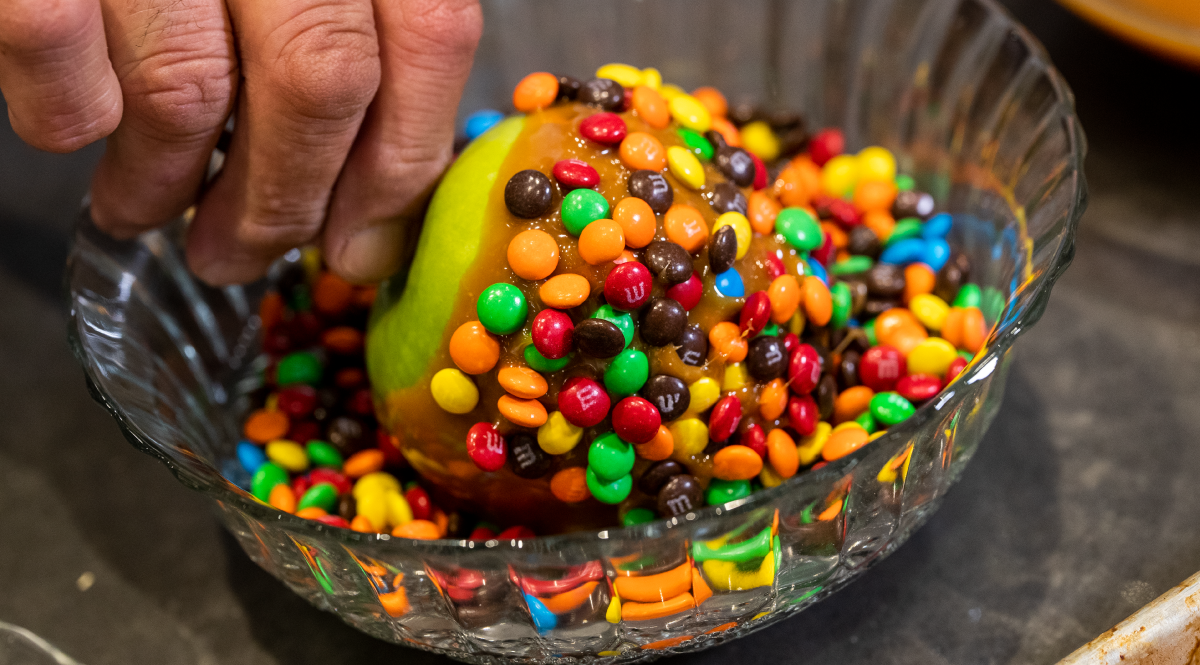 Caramel Apples dipped in M&Ms