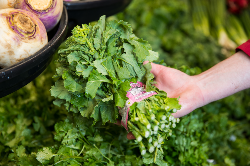 Produce associate holding up a bunch of Broccoli Rabe